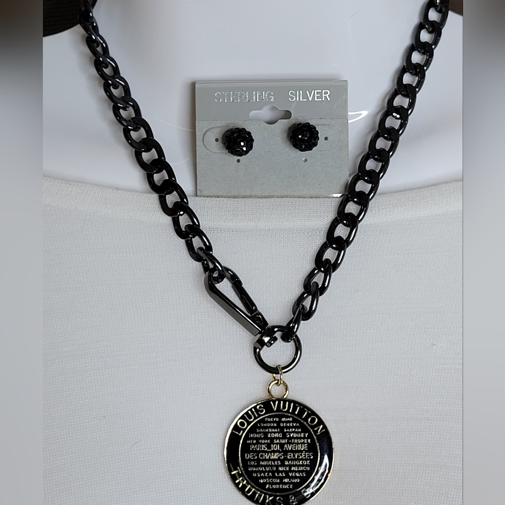 Louis Vuitton Medallion Trunks&Bags, 17" Black Chain & 925 Crystal Ball  Earings